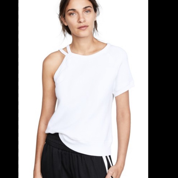 Pam & Gela, Strappy One Shoulder Short Sleeve Sweatshirt Top. White. Small - Picture 1 of 11